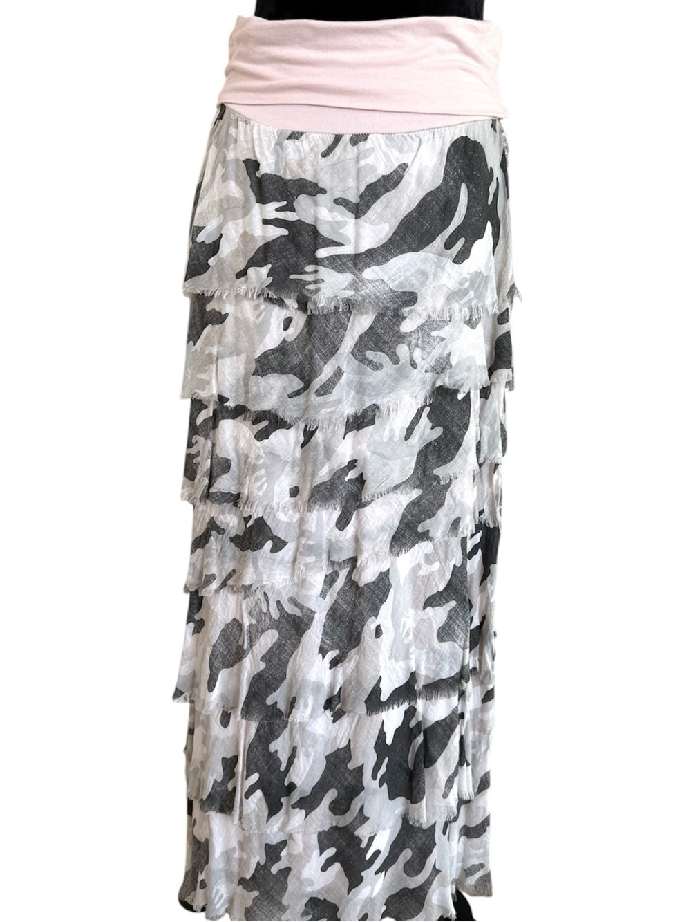 Tiered Pink and Gray Camouflage Layered Maxi Skirt with Pink Fold-Over Waistband